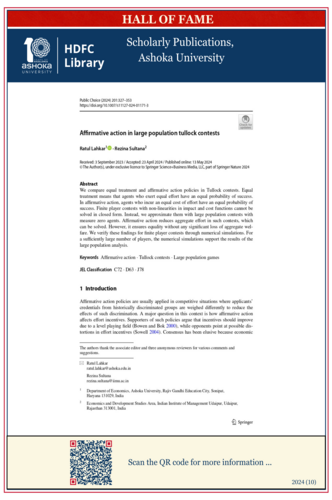 Afrmative action in large population tullock contests